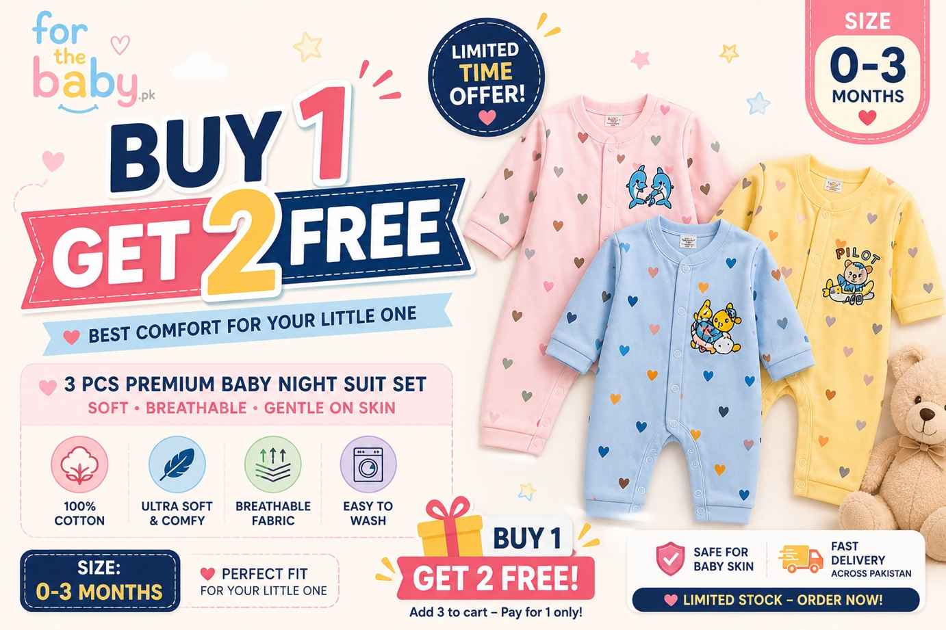 Premium Baby Suit Set (3 Pcs) - Soft
Best for summers  | Buy 1 Get 2 FREE