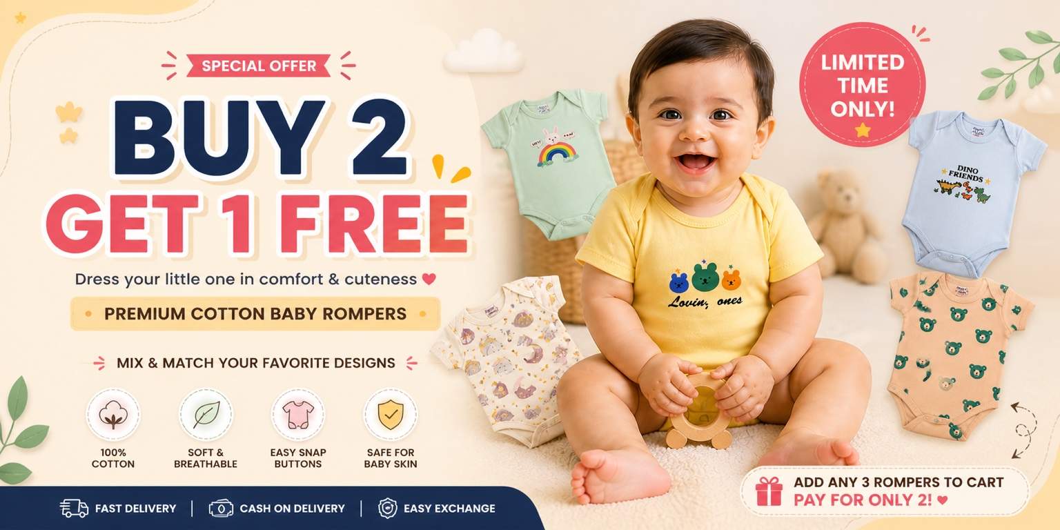 Buy 2 Get 1 FREE – Premium Baby Cotton Rompers (Soft & Breathable 0–12 Months)